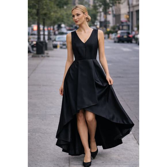Ann Taylor LOFT Dresses & Skirts - LOFT Midi Dress High Low Fit Flare Women Sz 0 Black V Neck Elegant Classic Glam